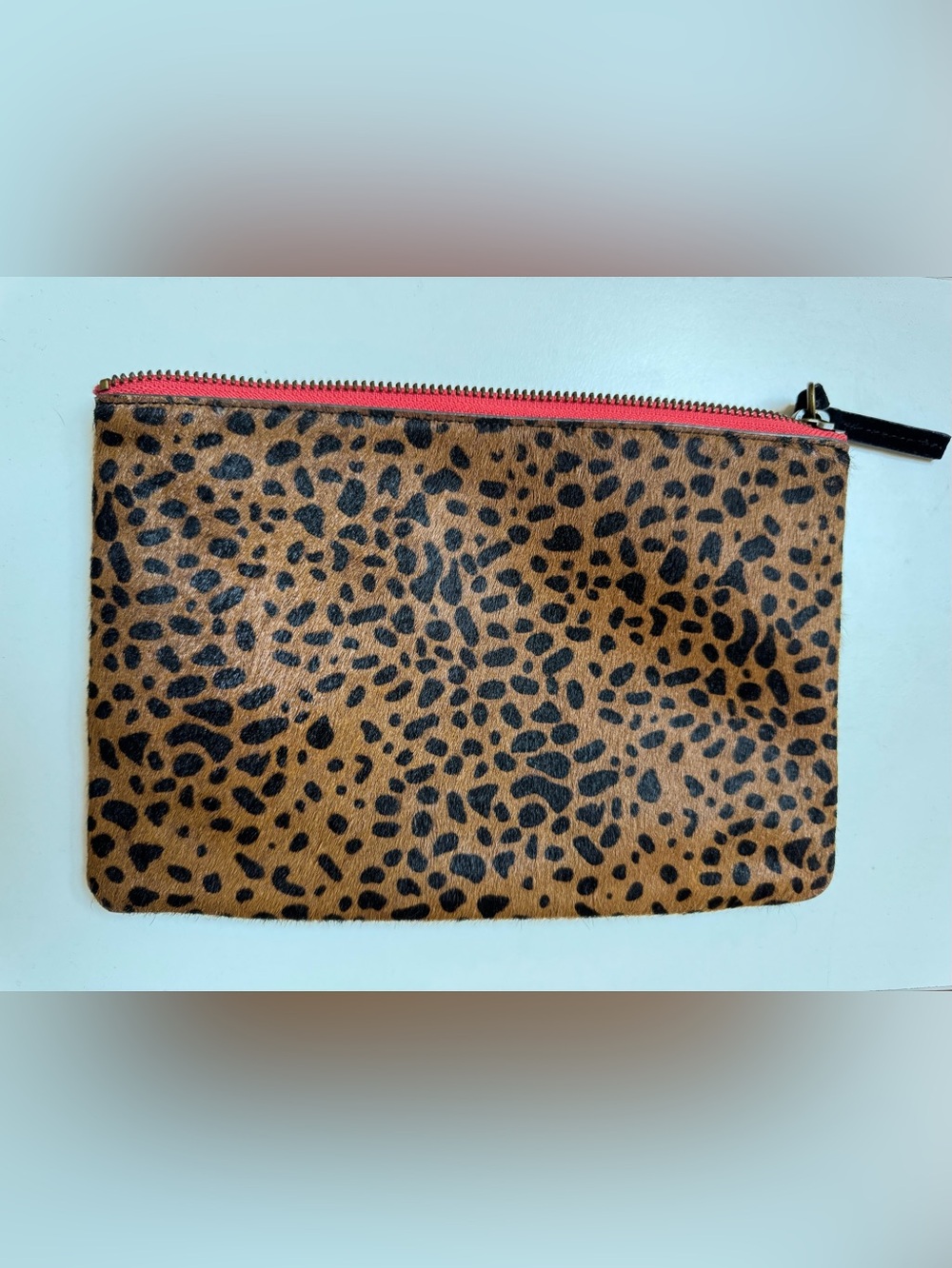 Lucky Brand Leopard Print Haircalf Zip Pouch in Brown with Red Trim